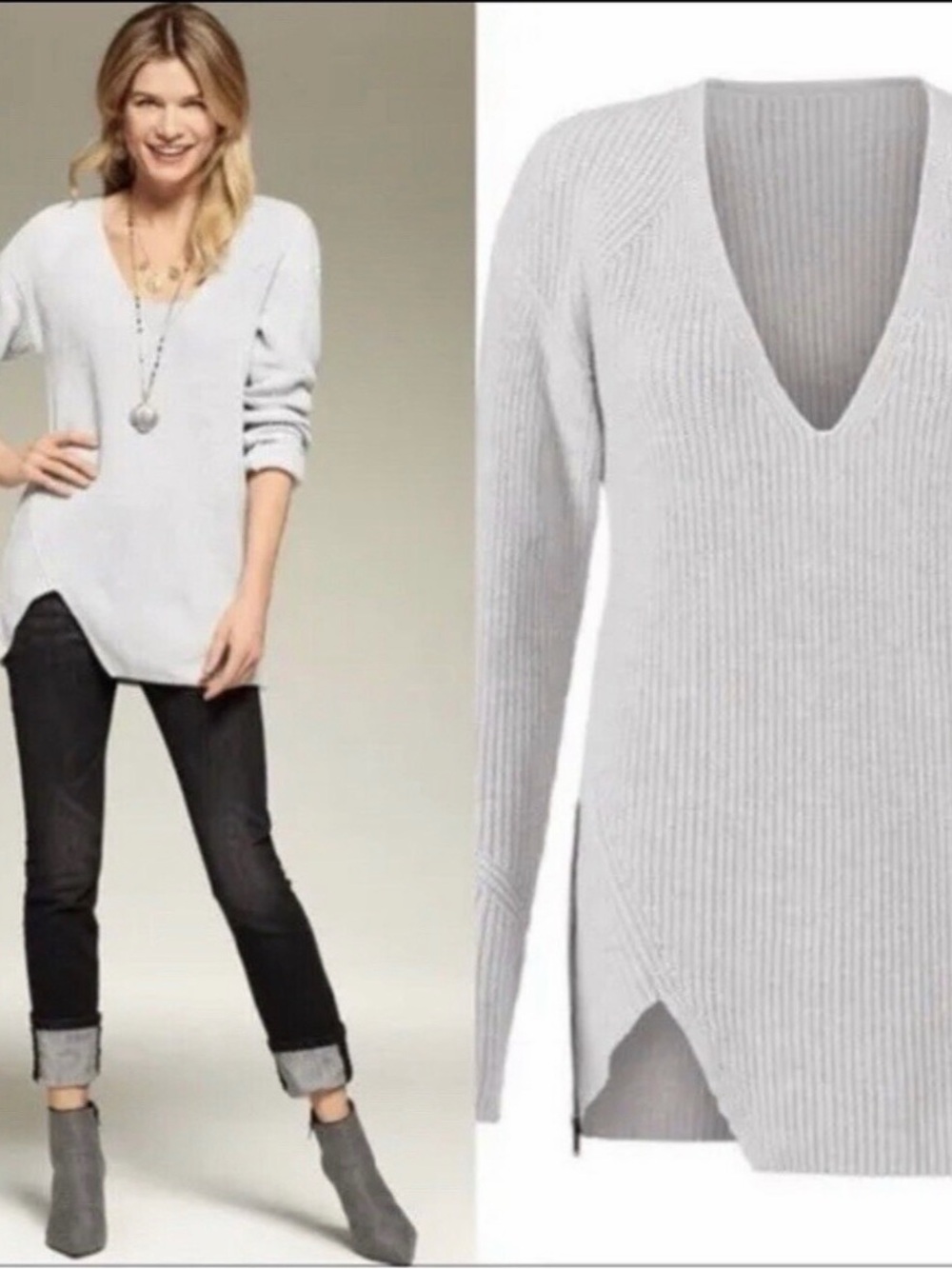 CAbi #3531 Light Gray V-Neck Ribbed Tunic Sweater